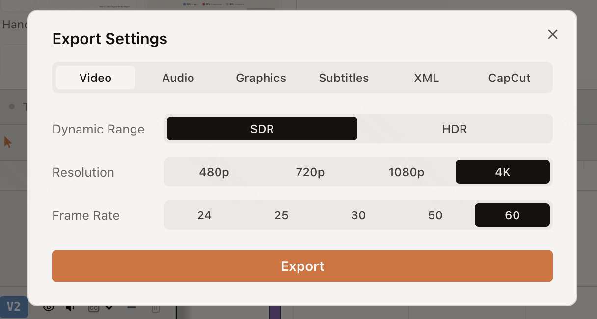ChatCut Desktop 的导出设置，包含视频、音频、图形、字幕、XML 和 CapCut 标签页